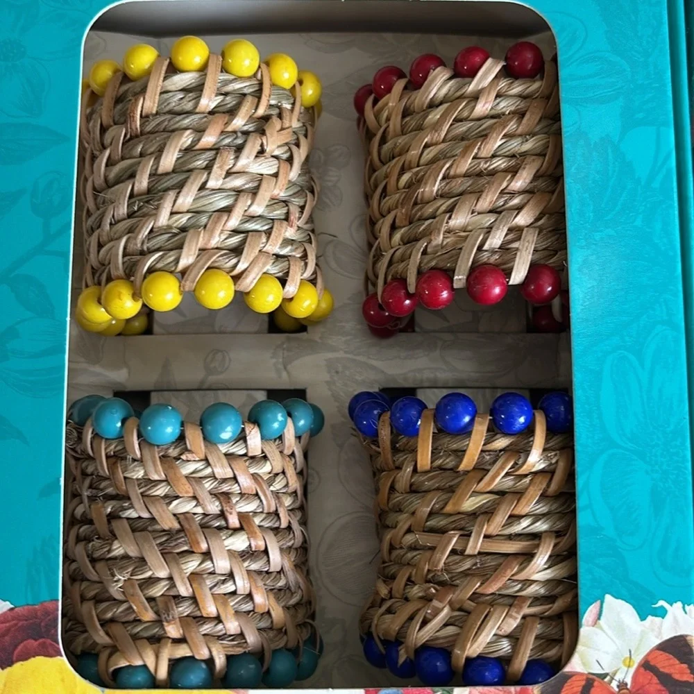 NWT Pioneer Woman Rattan Woven Beaded Napkin Rings 8 Total Set